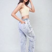 Light blue cargo jeans with drawstring waist and side cargo pockets, full view