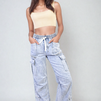 Light blue cargo jeans with drawstring waist, wide leg, front patch pockets
