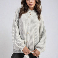 Chunky Knit Cardigan in Khaki with Balloon Sleeves and Fringe Detail