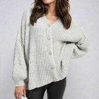 Chunky Knit Cardigan in Khaki with Balloon Sleeves and Fringe Detail