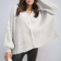 Chunky Knit Cardigan in Khaki with Balloon Sleeves and Fringe Detail