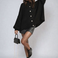 Chunky Knit Cardigan in Khaki with Balloon Sleeves and Fringe Detail