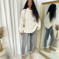 Chunky Knit Cardigan in Khaki with Balloon Sleeves and Fringe Detail