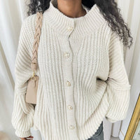 Chunky Knit Cardigan in Khaki with Balloon Sleeves and Fringe Detail