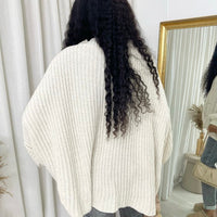 Chunky Knit Cardigan in Khaki with Balloon Sleeves and Fringe Detail