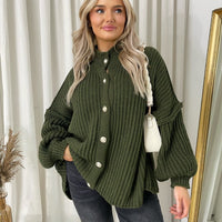 Chunky Knit Cardigan in Khaki with Balloon Sleeves and Fringe Detail