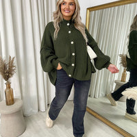 Chunky Knit Cardigan in Khaki with Balloon Sleeves and Fringe Detail