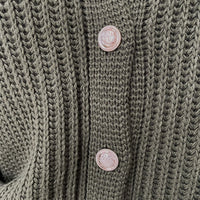 Chunky Knit Cardigan in Khaki with Balloon Sleeves and Fringe Detail