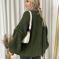 Chunky Knit Cardigan in Khaki with Balloon Sleeves and Fringe Detail