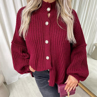 Chunky Knit Cardigan in Khaki with Balloon Sleeves and Fringe Detail