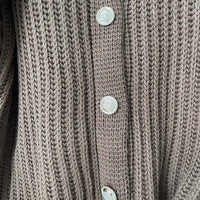 Chunky Knit Cardigan in Khaki with Balloon Sleeves and Fringe Detail