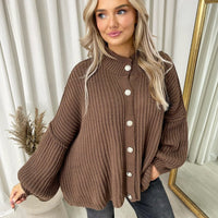 Chunky Knit Cardigan in Khaki with Balloon Sleeves and Fringe Detail