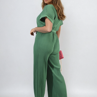 Pleated Jumpsuit in Khaki with Tie Waist and Wide Legs