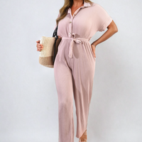Pleated Jumpsuit in Khaki with Tie Waist and Wide Legs