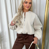 Cropped Bomber Jacket in Wine with Balloon Sleeves