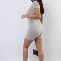 Rib knit zip-front short-sleeve playsuit, light gray, one-piece romper with zipper.