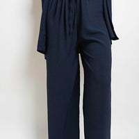 Navy drawstring gathered-waist wide-leg trousers with elastic waistband