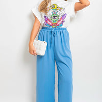Blue drawstring gathered-waist wide-leg trousers with flowing wide pant legs
