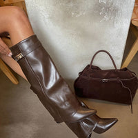 Skirted Fold Over Buckle Pointed Toe High Boots