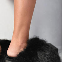 Black faux fur open-back slippers with thick plush top and flat rubber sole
