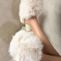 Cream faux fur open-back slippers with thick plush uppers