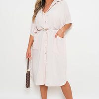 White collared midi button-down dress with button front and two front pockets