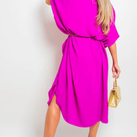 Fuchsia button-down collared midi dress with waist tie and short sleeves