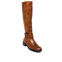 Camel knee-high boots with buckle strap and low block heel