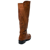 Camel knee-high boots with buckle strap and low block heel