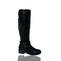 Black knee-high boots with front buckle strap and low block heel