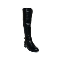 Black knee-high leather boots with buckle strap at the shaft and block heel