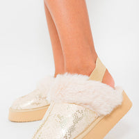 Sequin Faux Fur-Cuff Back Strap Boots