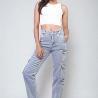 Light blue denim cargo jeans with thigh flap pockets and relaxed straight leg