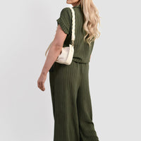Olive green pinstripe tie-front shirt with matching wide-leg trousers co-ord set