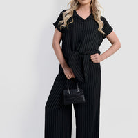 Striped short-sleeve tie-front shirt and wide-leg trousers set, dark navy pinstripe