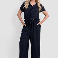 Striped tie-front shirt and wide-leg trousers set, navy pinstripe