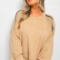 Knitted Jumper in Khaki with Check Pattern and Shoulder Tassels