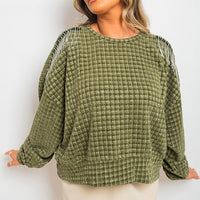 Knitted Jumper in Khaki with Check Pattern and Shoulder Tassels