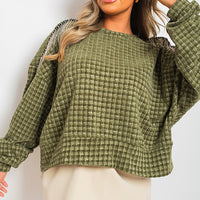 Knitted Jumper in Khaki with Check Pattern and Shoulder Tassels