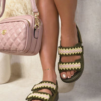 Olive platform sandals with multicolor crochet zigzag straps and two-buckle closure