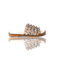Studded lattice flat slide sandals, jeweled strap and tan sole shown from side