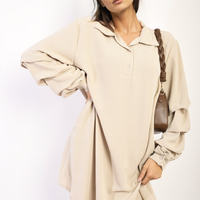 Shirt Dress in Green with Gathered Long Sleeves