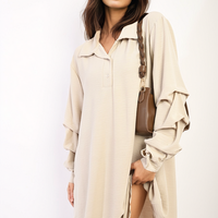 Shirt Dress in Green with Gathered Long Sleeves