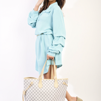Shirt Dress in Green with Gathered Long Sleeves