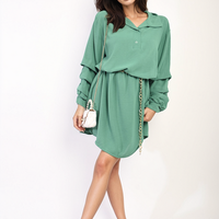 Shirt Dress in Green with Gathered Long Sleeves