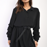 Shirt Dress in Green with Gathered Long Sleeves