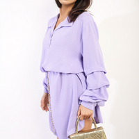 Shirt Dress in Green with Gathered Long Sleeves