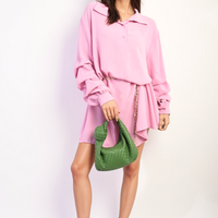 Shirt Dress in Green with Gathered Long Sleeves