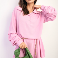 Shirt Dress in Green with Gathered Long Sleeves