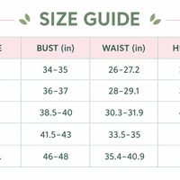 Swim set size guide chart with bust, waist, and hip measurements by size
